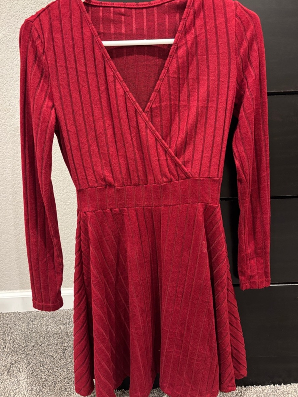 Othr Red Ribbed Long-Sleeve V-Neck Fit & Flare Dress